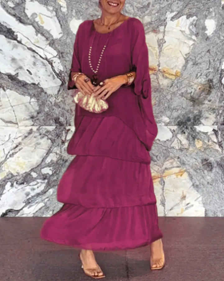 Women's ankle-length tiered dress with wide batwing sleeves and loose silhouette Mune Fashion