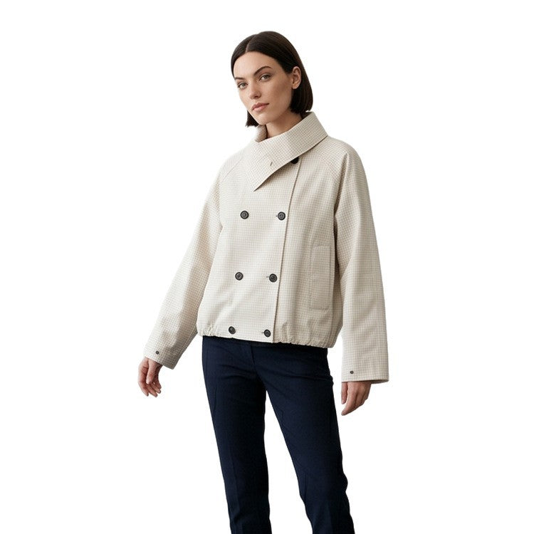 Women's Short Double-Breasted Blouson Jacket with Wrap Collar and Raglan Sleeves Mune Fashion