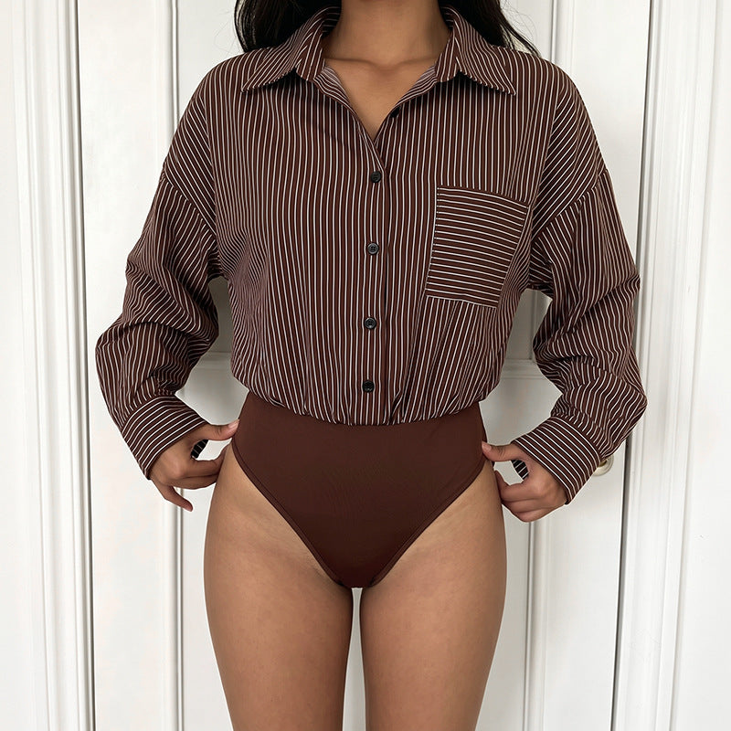 Women's Fashionable Long Sleeve Blouse with Fine Stripes Mune Fashion