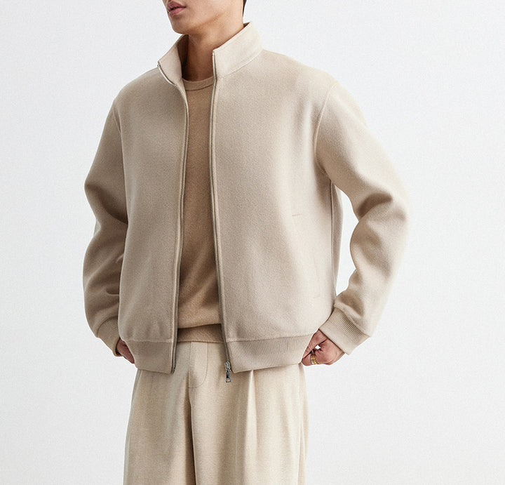 Men's Casual Wool Blend Zip Jacket with Stand Collar and Ribbed Cuffs Mune Fashion