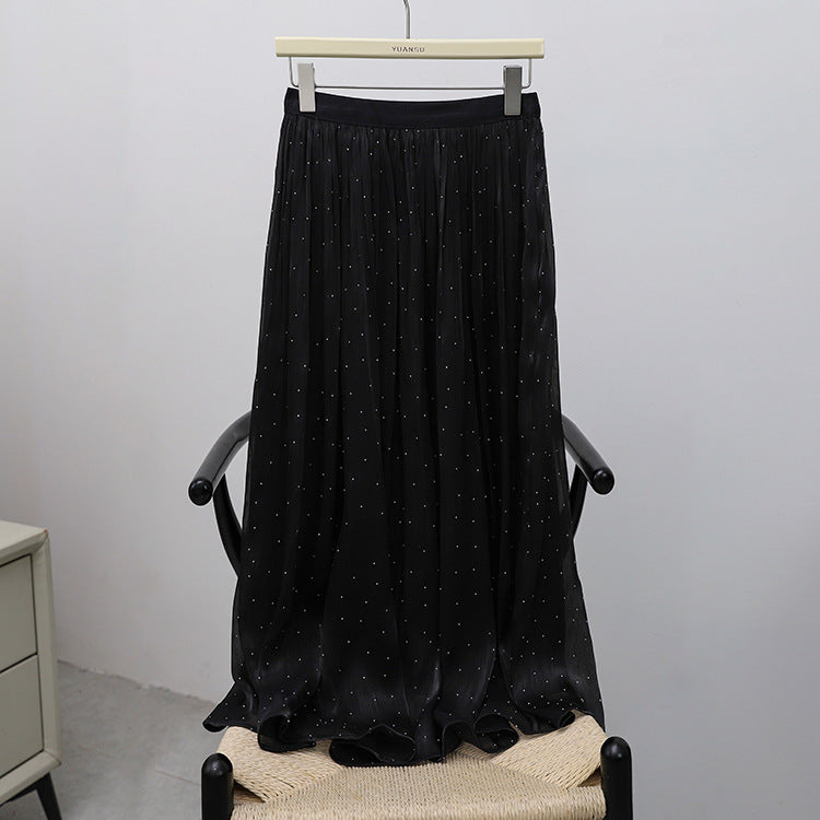 Women's pleated maxi skirt with subtle rhinestone details and elasticated comfort waistband Mune Fashion