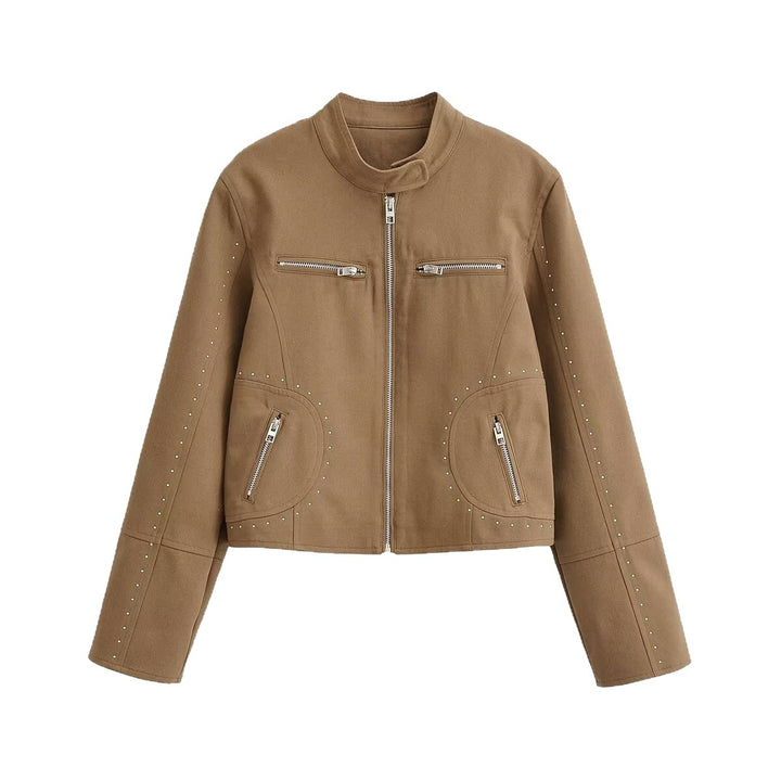 Ladies short blouson in velour look with stand-up collar, zipper and decorative studs Mune Fashion