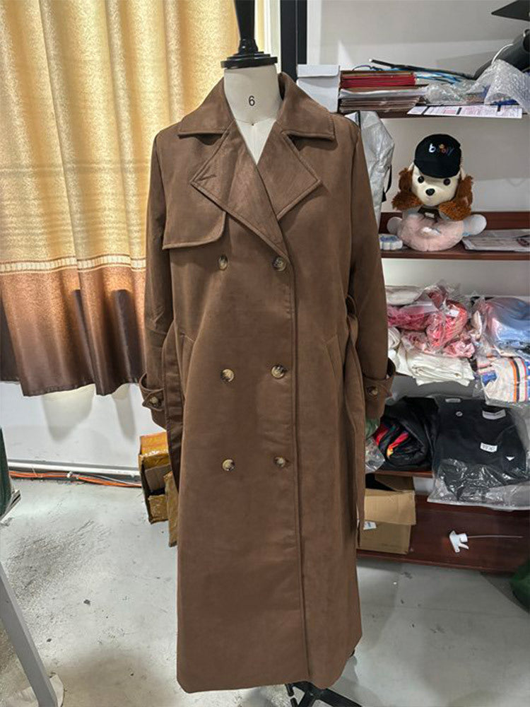Women's Long Double-Breasted Trench Coat in Suede-Like with Waist Belt Mune Fashion