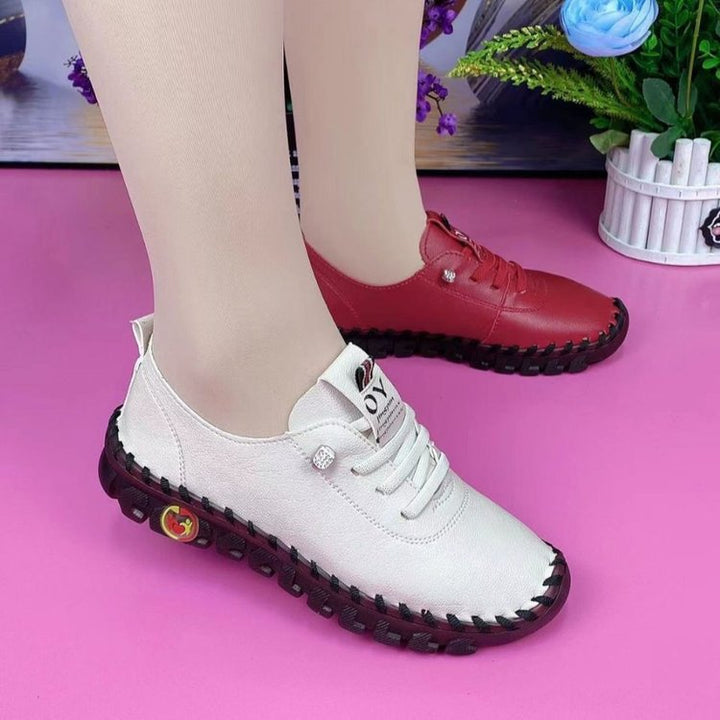 Women Flexible Leather Look Sneakers with Hand-Stitched Contrast Seam and Profiled Rubber Sole Mune Fashion