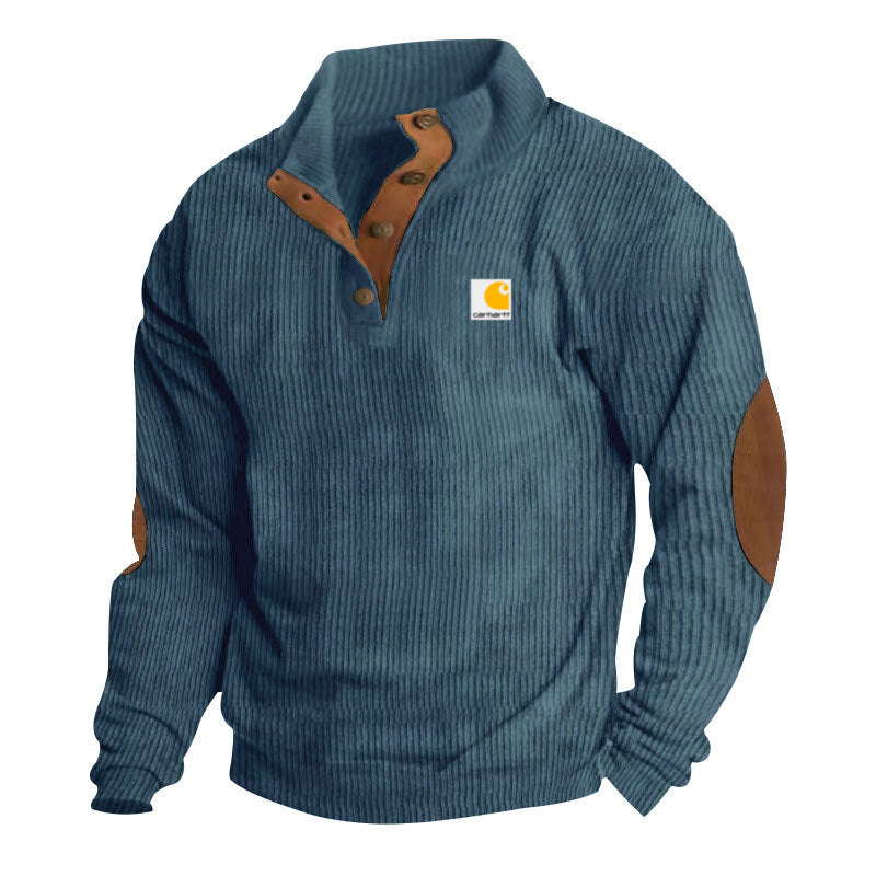 Men's knitted pullover in Troyer style with stand-up collar leather trim snap button placket and elbow patches Mune Fashion