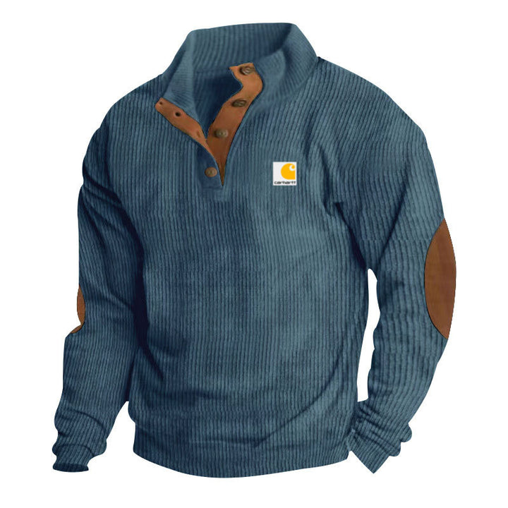 Men's knitted pullover in Troyer style with stand-up collar leather trim snap button placket and elbow patches Mune Fashion