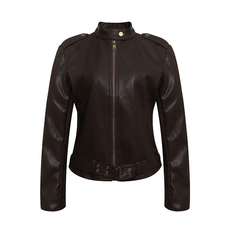 Women's Fitted Leather-Look Jacket with Stand-Up Collar, Epaulettes, and Waist Belt Mune Fashion