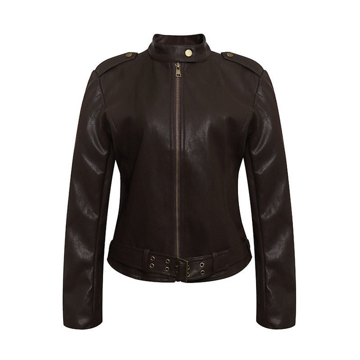 Women's Fitted Leather-Look Jacket with Stand-Up Collar, Epaulettes, and Waist Belt Mune Fashion