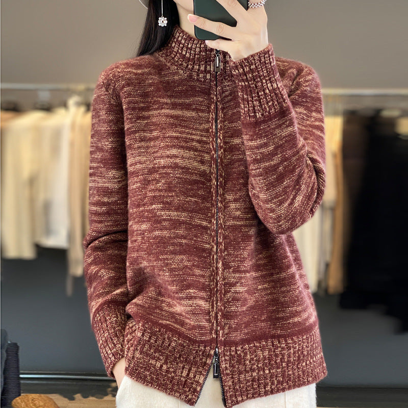 Women's zip-up cardigan with mottled texture and stand-up collar Mune Fashion