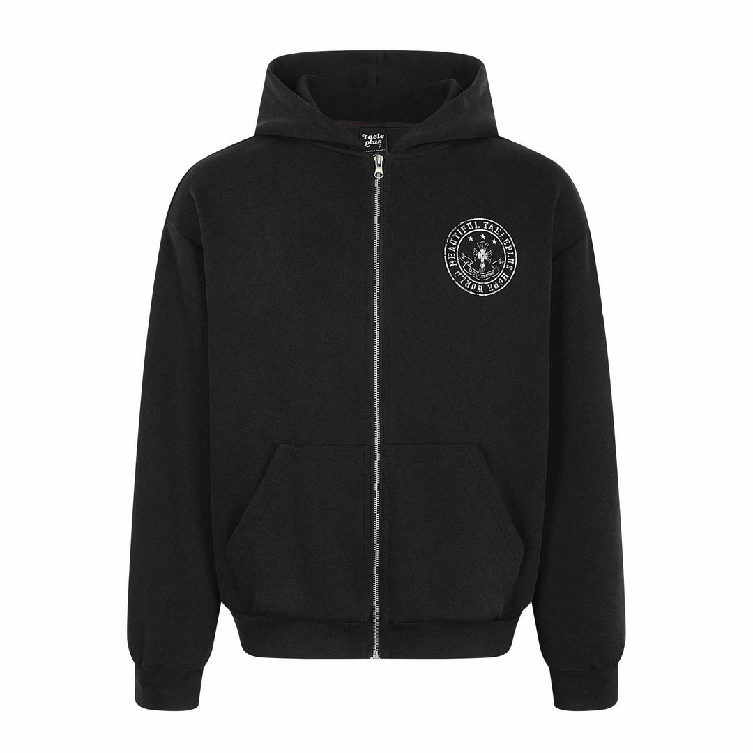 Unisex hooded zip jacket in oversized boxy cut with chest emblem Mune Fashion