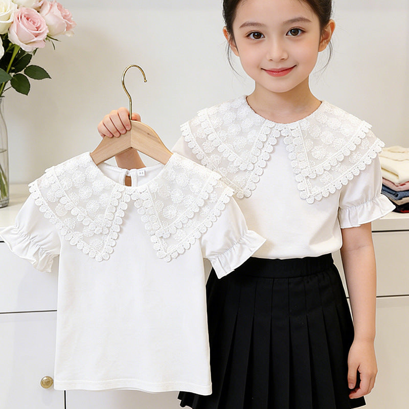 Girls T-shirt with romantic lace collar and ruffle details Mune Fashion