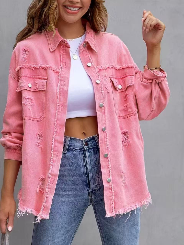 Women's oversized denim shirt jacket with frayed hem and distressed details Mune Fashion