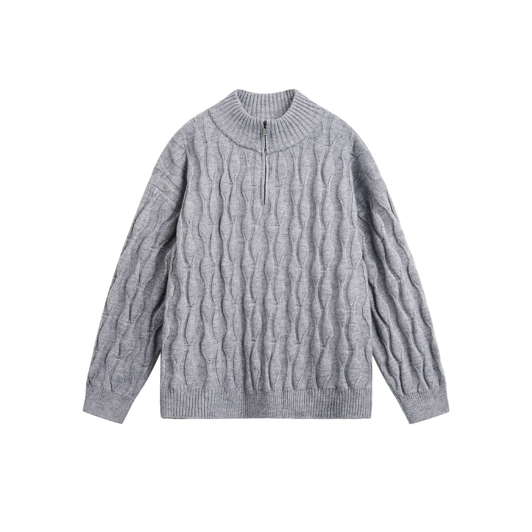 Unisex Chunky Knit Halfzip Sweater with Cable Pattern and Stand-up Collar Mune Fashion