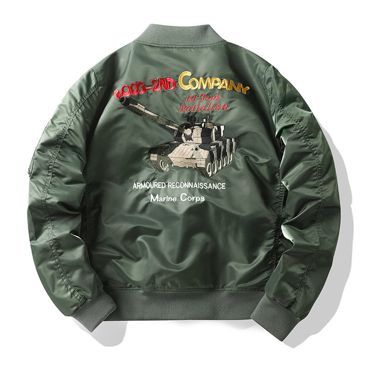 Men's pilot bomber jacket in flight style with embroidered tank motif and sleeve pocket Mune Fashion