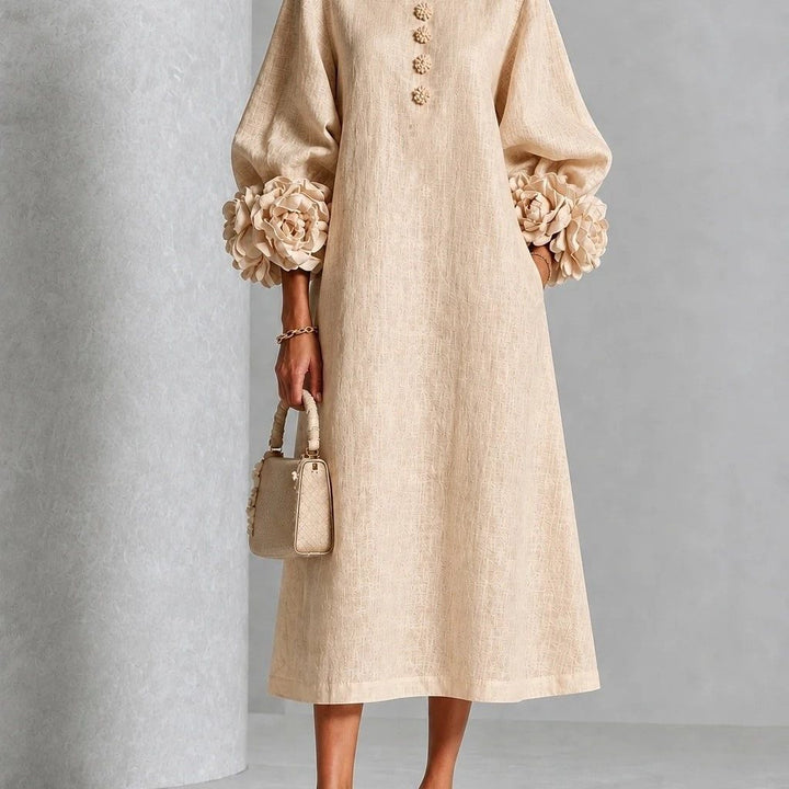 Women's midi dress made of linen with balloon sleeves and 3D flower cuffs Mune Fashion