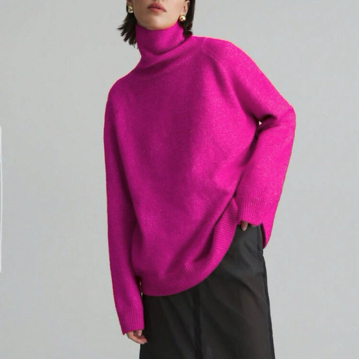 Women's Oversize Turtleneck Fine Knit Sweater with Raglan Sleeves and Side Slits Mune Fashion