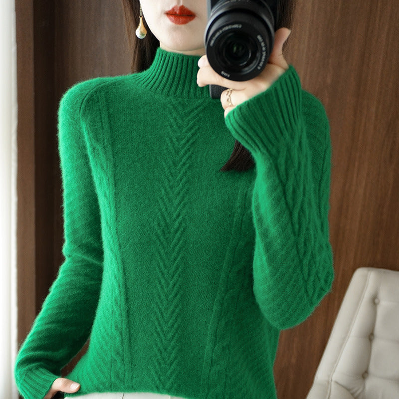 Women Lightweight Mohair-Look Stand Collar Sweater with Cable-Lace and Tailored Silhouette Mune Fashion