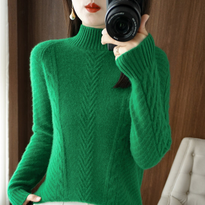Women Lightweight Mohair-Look Stand Collar Sweater with Cable-Lace and Tailored Silhouette Mune Fashion