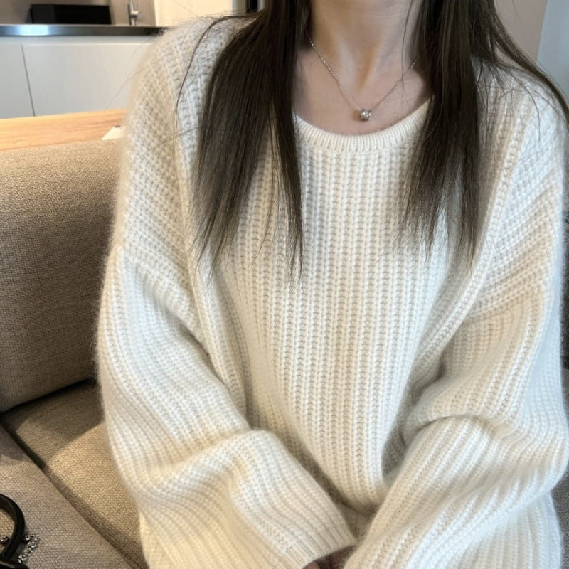 Women's Oversized Fluffy Sweater in Mohair Look with Textured Rib Design Mune Fashion