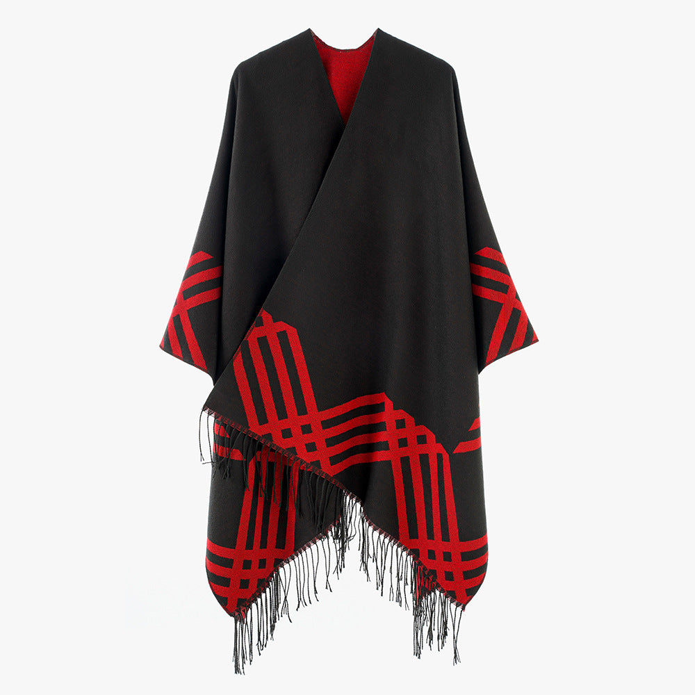 Women's Wool Blend Ruana in Rectangular Cut with Graphic Stripe Jacquard and Fringes