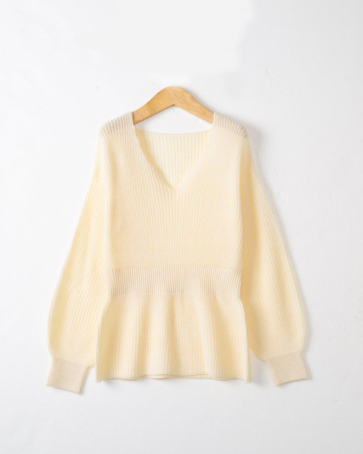 Women's Loose Fine Knit Sweater with V Notch Neckline, Fitted Ribbed Hem and Balloon Sleeves Mune Fashion