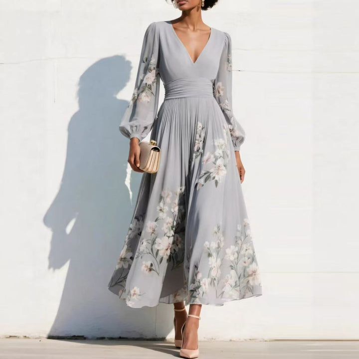 Women Chiffon Midi Dress with V-neck, gathered waist and floral pleated skirt Mune Fashion