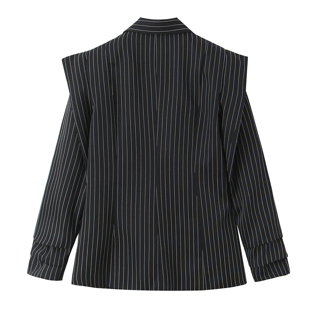 Women's Double-Breasted Pinstripe Blazer with Structured Shoulder Yoke Mune Fashion