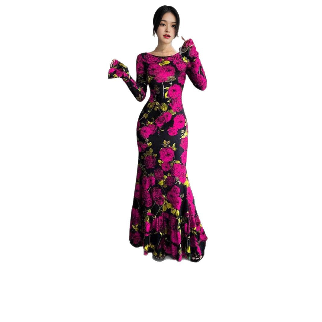 Women's fitted maxi dress with mermaid cut, long bell sleeves, and ruffled hem Mune Fashion