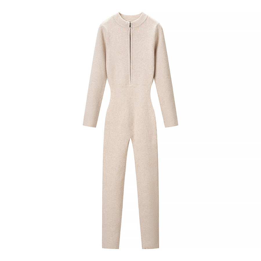 Women's Fitted Rib Knit Jumpsuit with Stand-Up Collar and Front Zip Mune Fashion