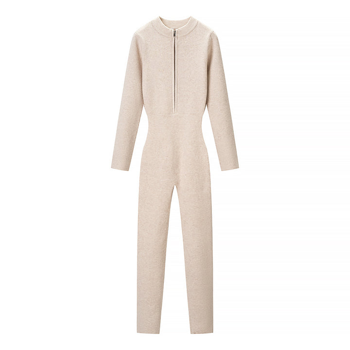 Women's Fitted Rib Knit Jumpsuit with Stand-Up Collar and Front Zip Mune Fashion
