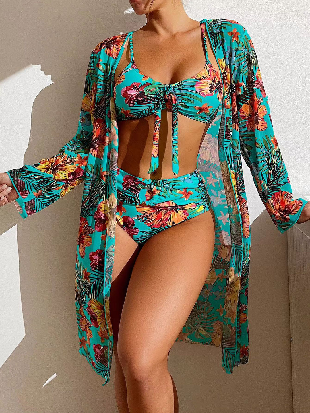 Ladies Bikini Set with Floral Patterns and Airy Kimono Jacket Mune Fashion