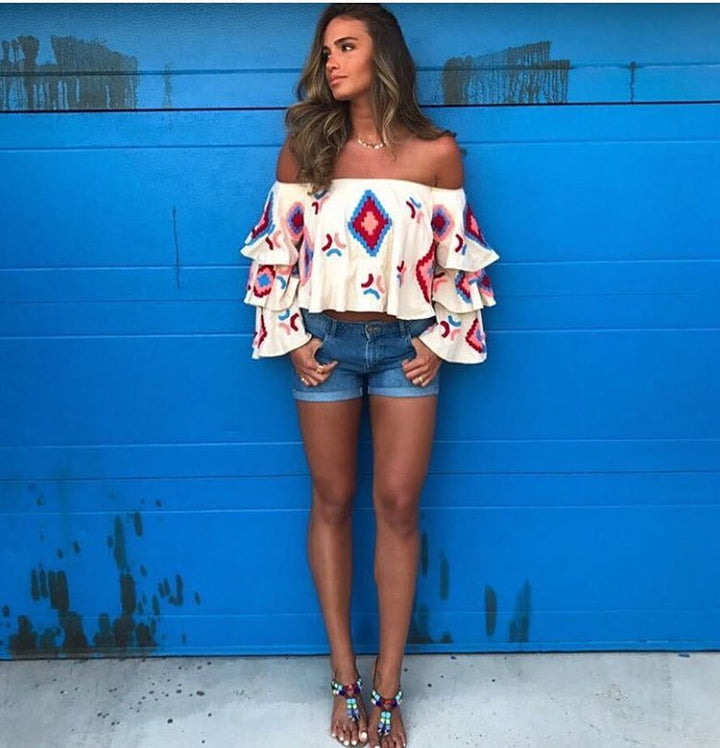 Women's Boho top with off-the-shoulder neckline, layered flounce sleeves, and elaborate embroidery Mune Fashion