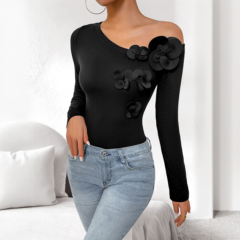 Women's figure-hugging one-shoulder bodysuit with long sleeves and 3D flowers