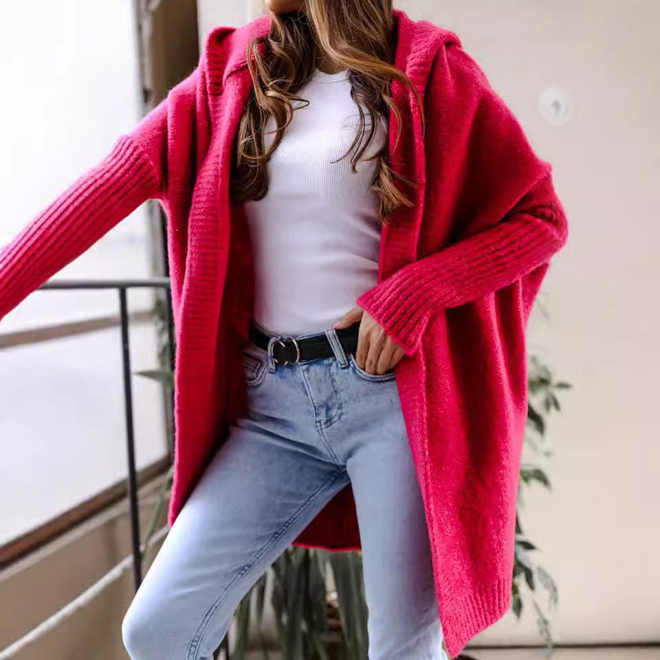 Women's Cozy Cardigan with Hood and Open Cut Mune
