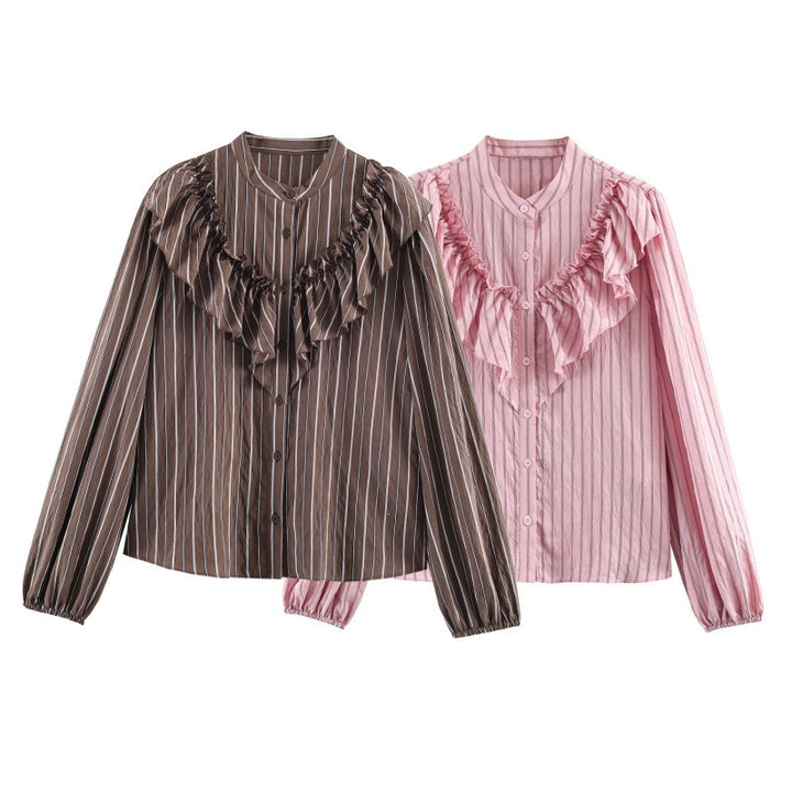 Women's Ruffle Blouse with Stand Collar, Fine Stripes and Gathered Sleeves Mune Fashion