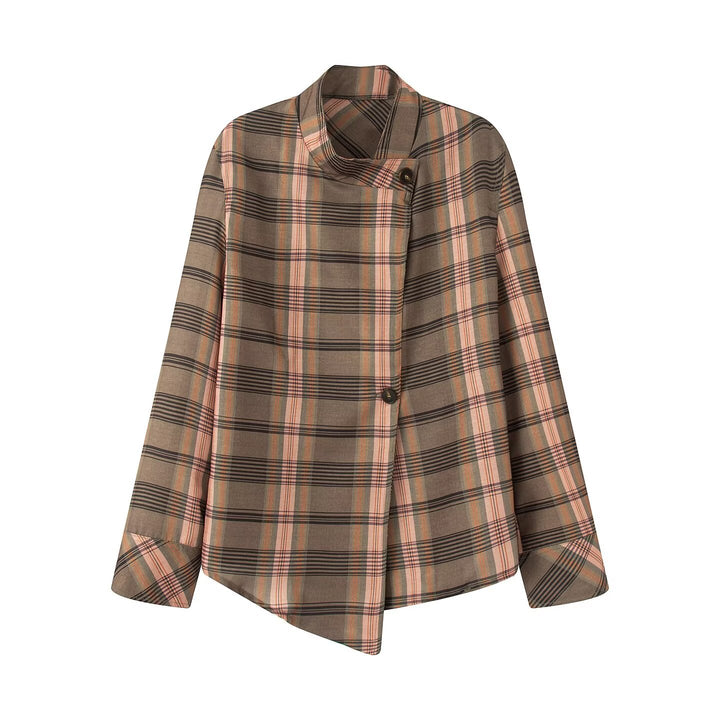 Ladies Asymmetric Cape Blouse in Check Pattern with Stand Collar and Button Closure Mune Fashion