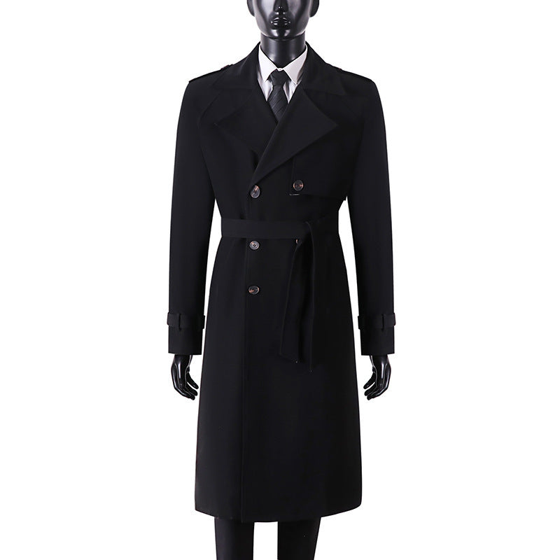 Men's Long Minimalist Trench Coat with Storm Flap, Waist Belt, and Adjustable Cuffs Mune Fashion