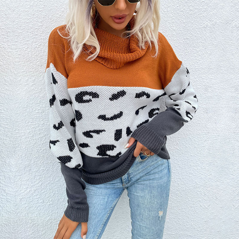 Ladies Fashionable Sweater with Leopard Pattern and Turtleneck Mune Fashion