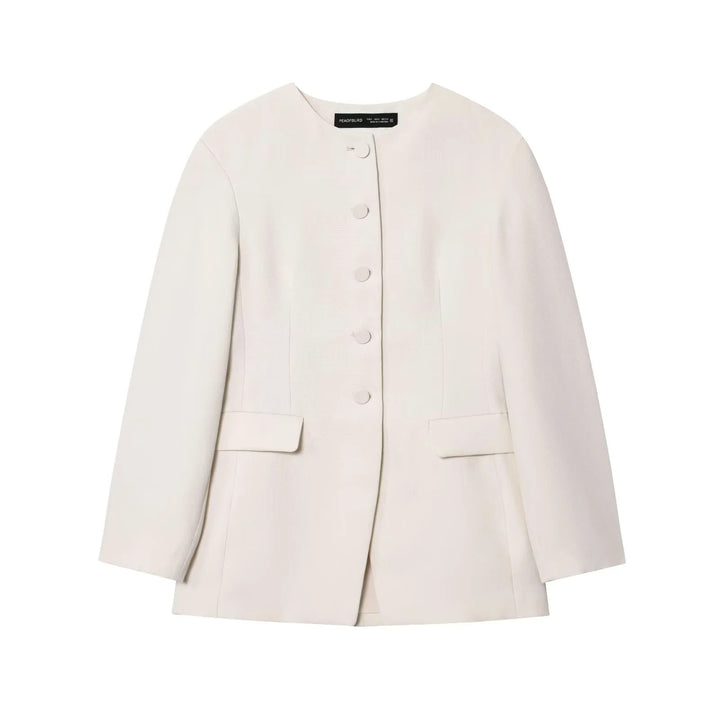 Women tailored blazer jacket with round neckline, concealed button placket and flap pockets Mune Fashion