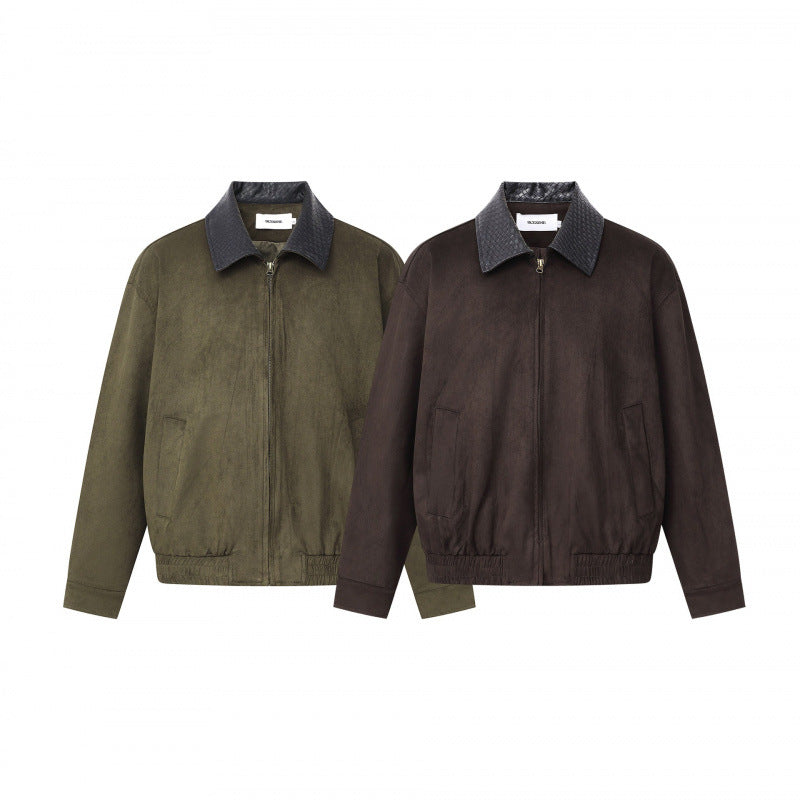 Men's short-cut bomber jacket in suede look with structured collar, front zipper and elastic hem Mune Fashion