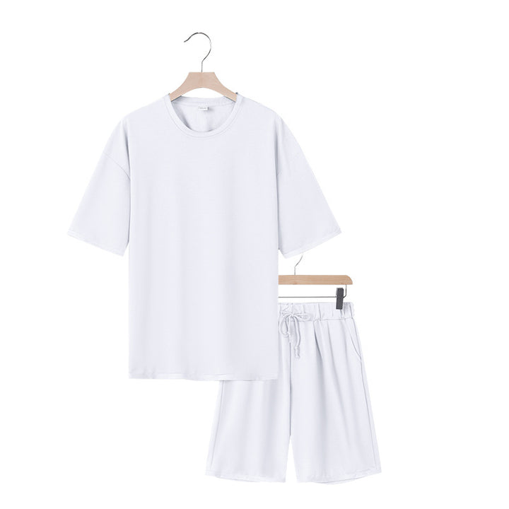Men's relaxed jersey set with extended round neck t-shirt and elastic drawstring shorts Mune Fashion