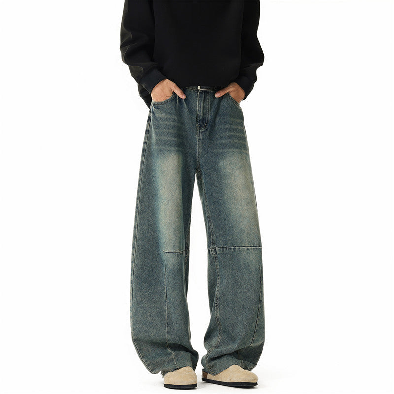 Men's wide-cut baggy jeans with high rise, knee darts, and distressed wash Mune Fashion