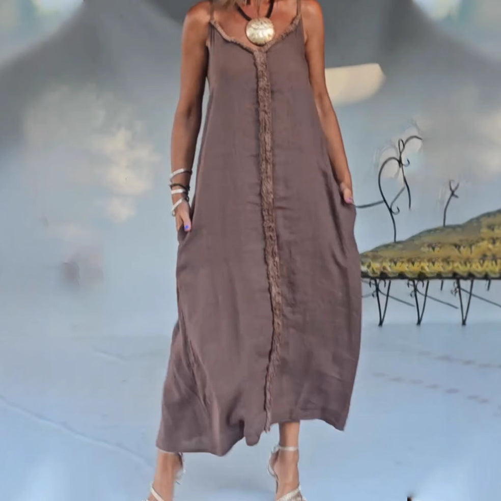 Women's airy linen-look maxi strap dress with fringed center seam and inset pockets Mune Fashion