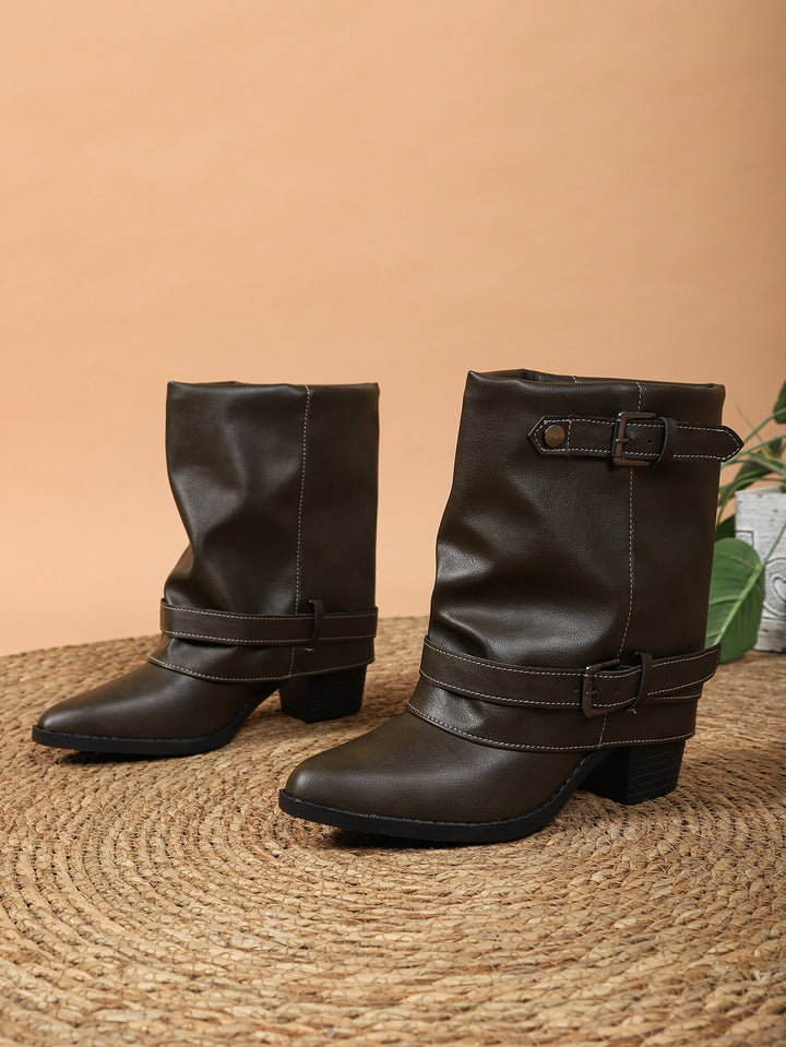 Women ankle boots with decorative buckle straps and block heel Mune Fashion