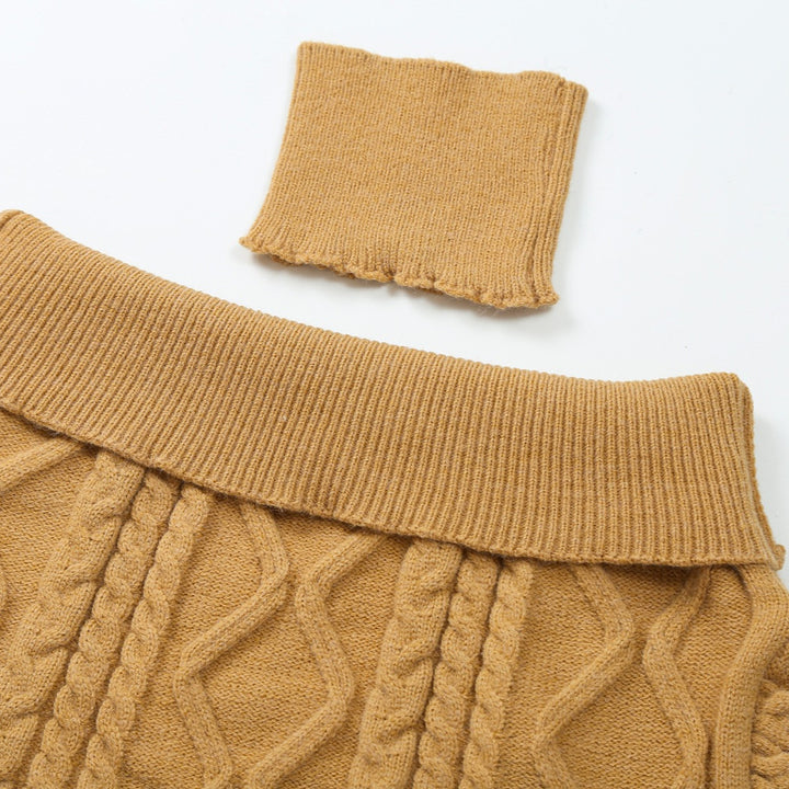 Women's Off-Shoulder Cable Knit Sweater with Wide Ribbed Cuff and Folded Collar Mune Fashion