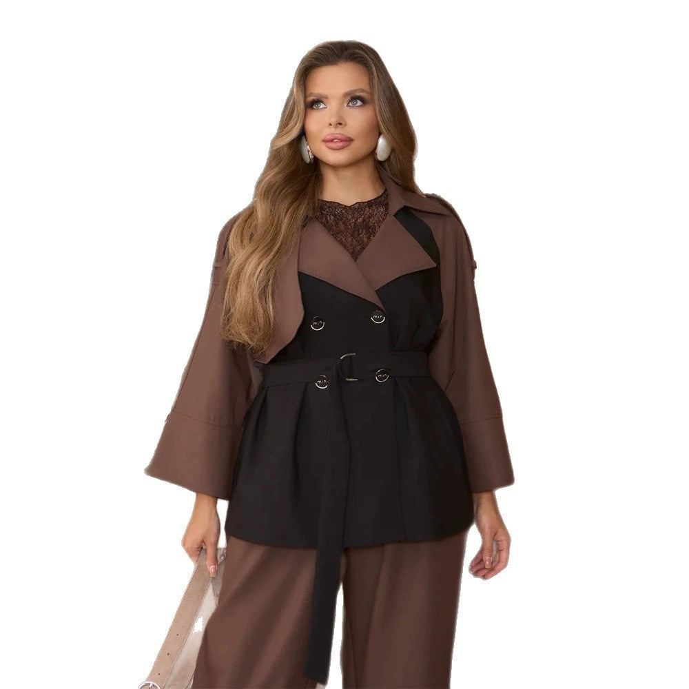 Ladies Two-Piece Set Tailored Waist Blazer with Tie Belt and Loose Harem Pants Mune Fashion
