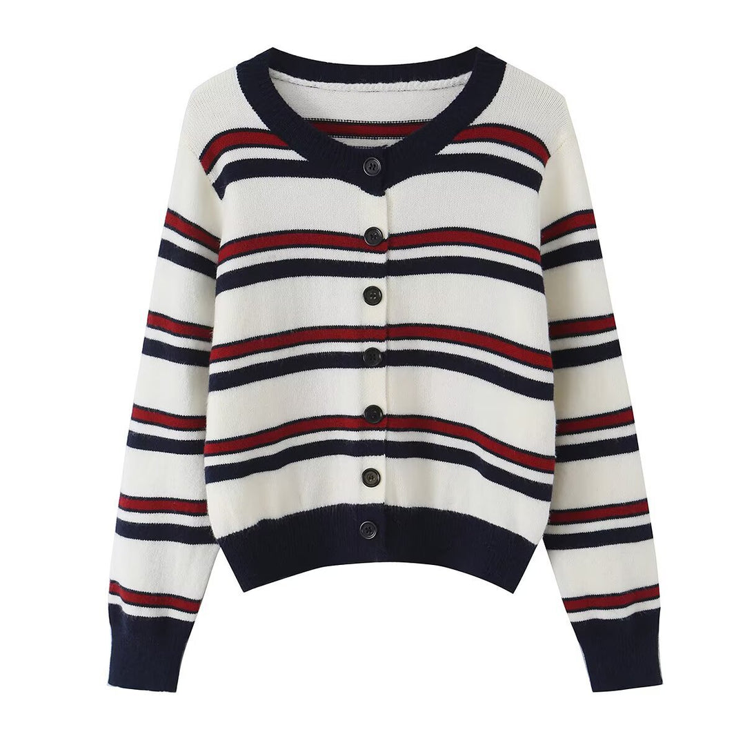 Women Striped Short Cardigan with Round Neck, Button Placket and Ribbed Cuffs Mune Fashion