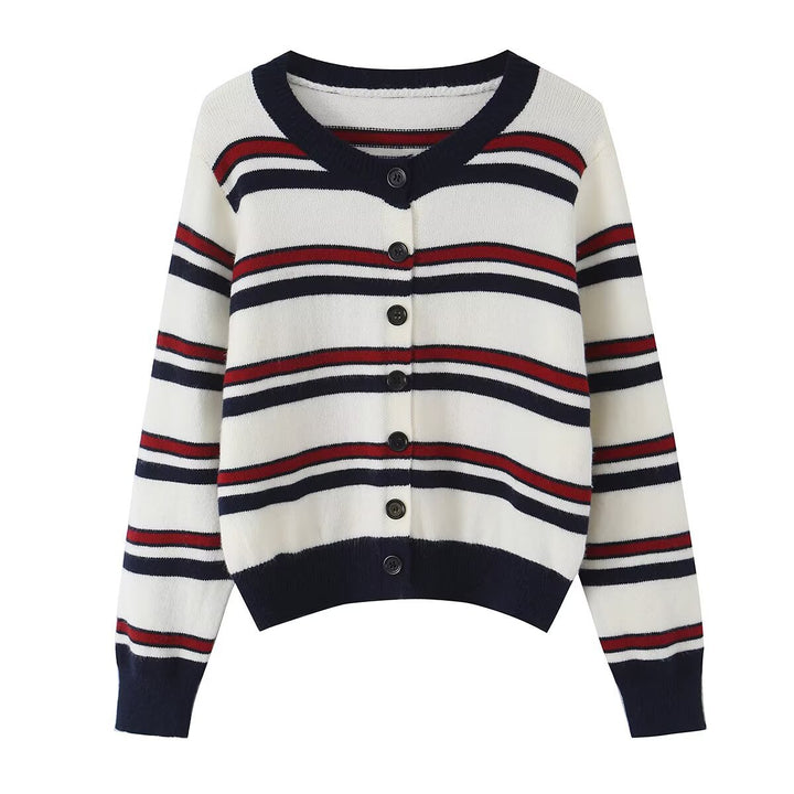 Women Striped Short Cardigan with Round Neck, Button Placket and Ribbed Cuffs Mune Fashion
