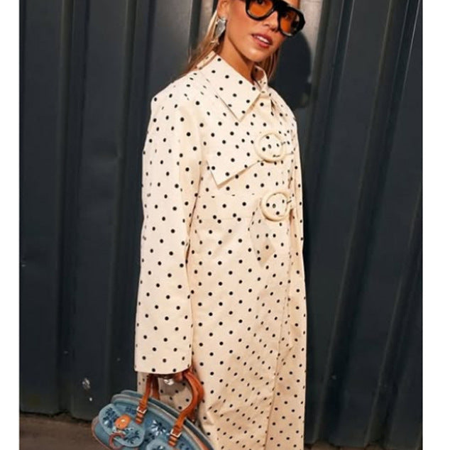 Women's Long Polka Dot Trench Coat with Oversized Lapels and Decorative Eyelets Mune Fashion