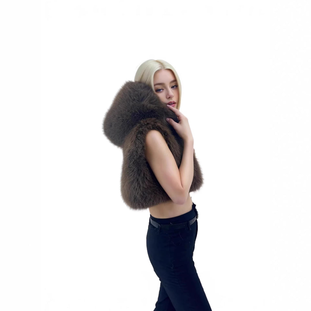 Women's Short Hooded Vest made of High-Pile Faux Fur with Voluminous Long Hair Collar Mune Fashion